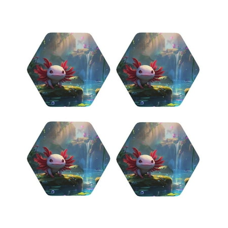 

Matuu Pond Cute Axolotl for Cup Coasters Set of 4 Leather Coasters Desk Coasters for Office Measures 4” x 4”-Hexagon