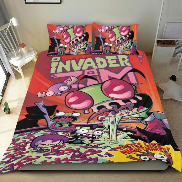 Invader Zim Conjunto de sábanas temático, trío de piezas, cómodo y amigable con la piel, diseño único, regalo de decoración para el hogar para familiares, amigos y fans, 90 cm * 190 cm