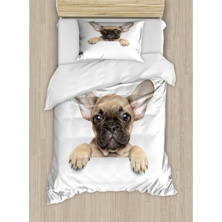 Bulldog Twin Size Duvet Cover Set, Pedigreed Young Puppy Close-up Photo Best Friend Pet Lover Print, Decorative 2 Piece Bedding Set with 1 Pillow Sham, Sand Brown Black and White, by (Triple H Best Pedigree)