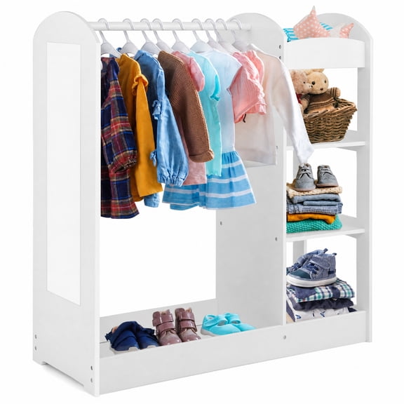 Furnibear Kids Dress Up Storage with Mirror, Costume Wardrobe Closet Organizer with Hanging Rod and Open Shelves for Kids Bedroom Playroom, White