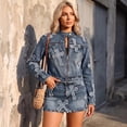 thumbnail image 5 of 2 Piece Denim Skirt Set for Women Y2K Long Sleeve Zipper Jean Jacket Top Mini Skirt Bodycon Set Two Piece Outfits, 5 of 6
