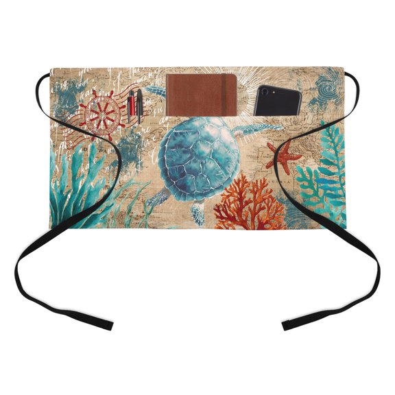 Nautical Marine Life Half Waist Apron Sea Turtles Starfish Coral Seaweed Blue Ocean Retro Short Waiter Aprons with 3 Pockets for Women Men Kitchen Restaurant Cooking