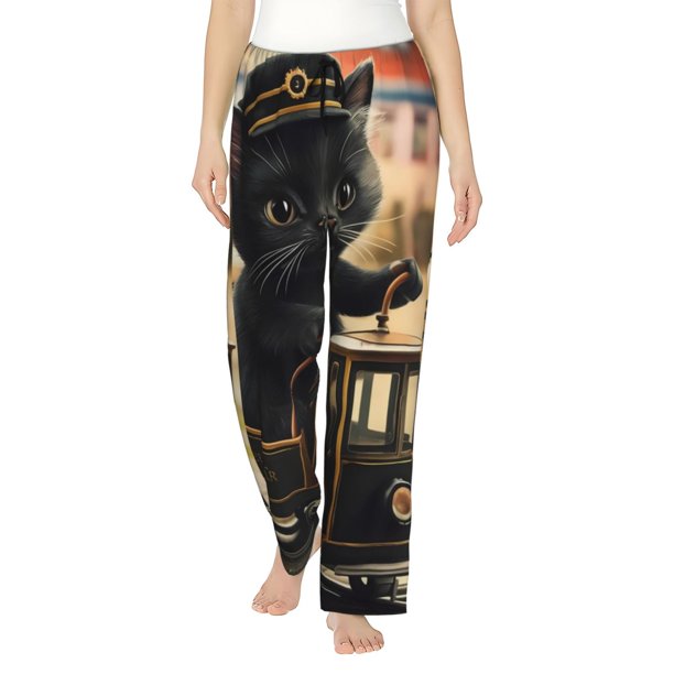Fotbe Adorable Kitten On Mini Train Pantalones de Pijama para Mujer, Pantalones de Dormir, Pantalones Pj con Cordón y Bolsillos-Large