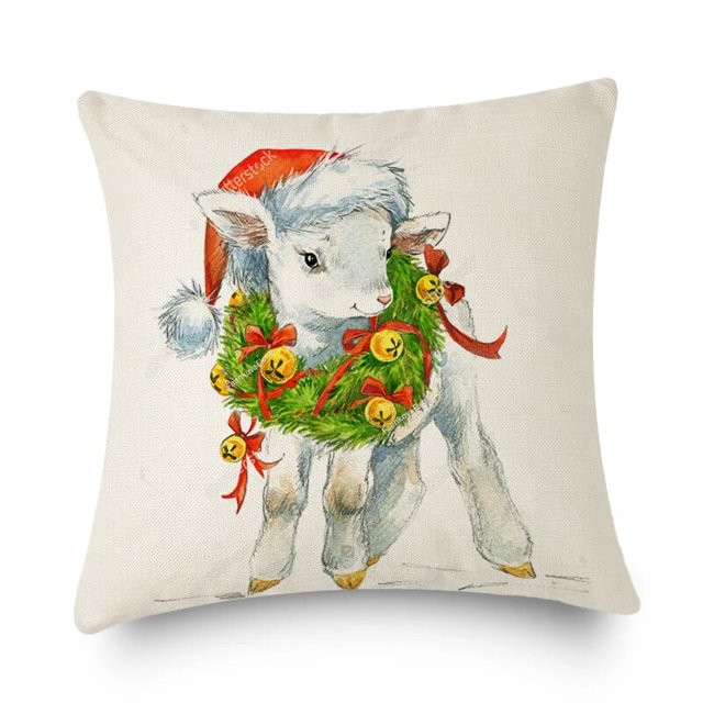 Árbol de Navidad de animales lindos Funda de cojín de lino Funda de almohada de granja Sofá Decoración del Hogar Navidad 2023 Decoración de Año Nuevo