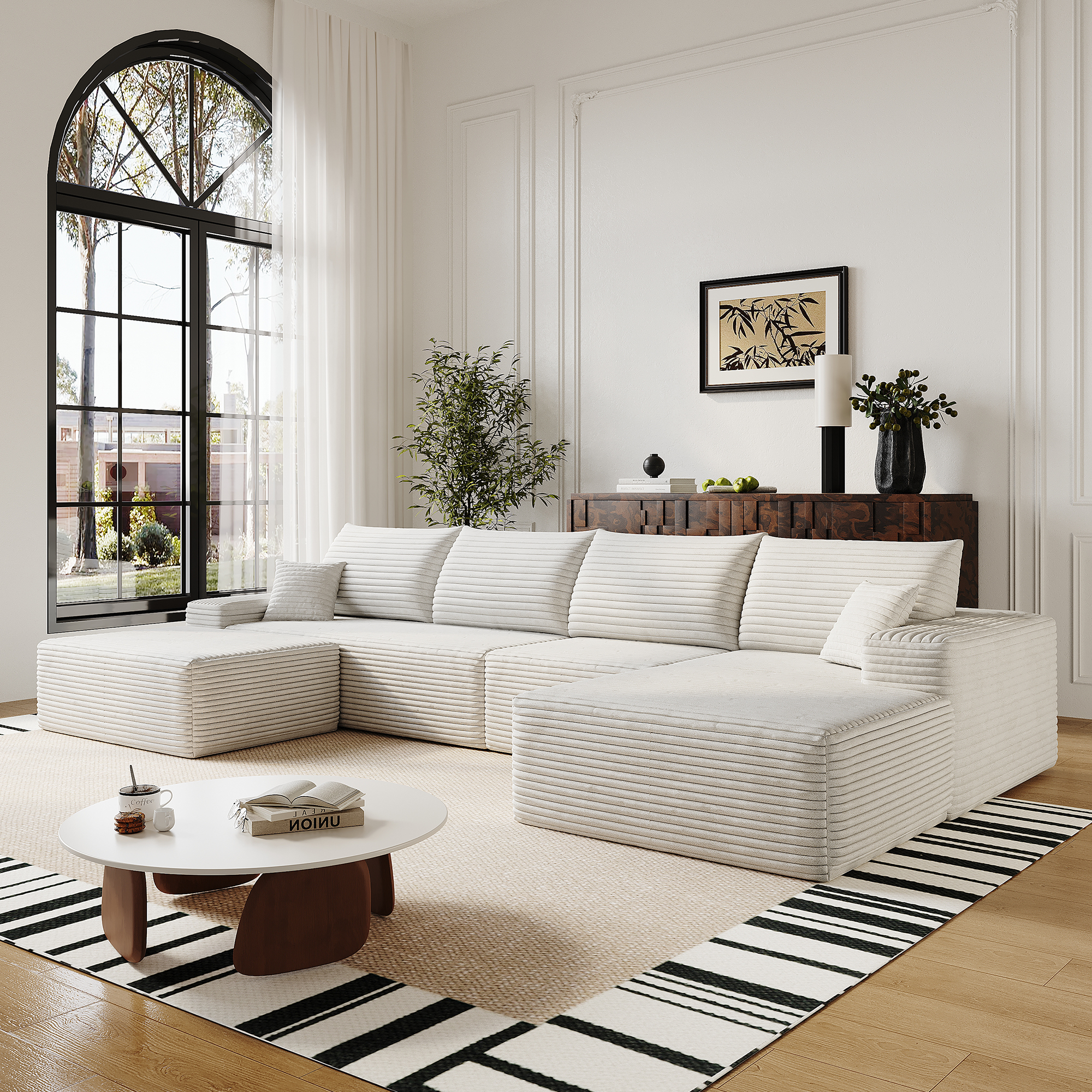 MAYEERTY 135" Cloud Sectional Sofa with 1 Ottoman, Modern Minimalist U-Shaped Deep Seat Couch, No Assembly Plush Corduroy Fabric, White (4 packages)