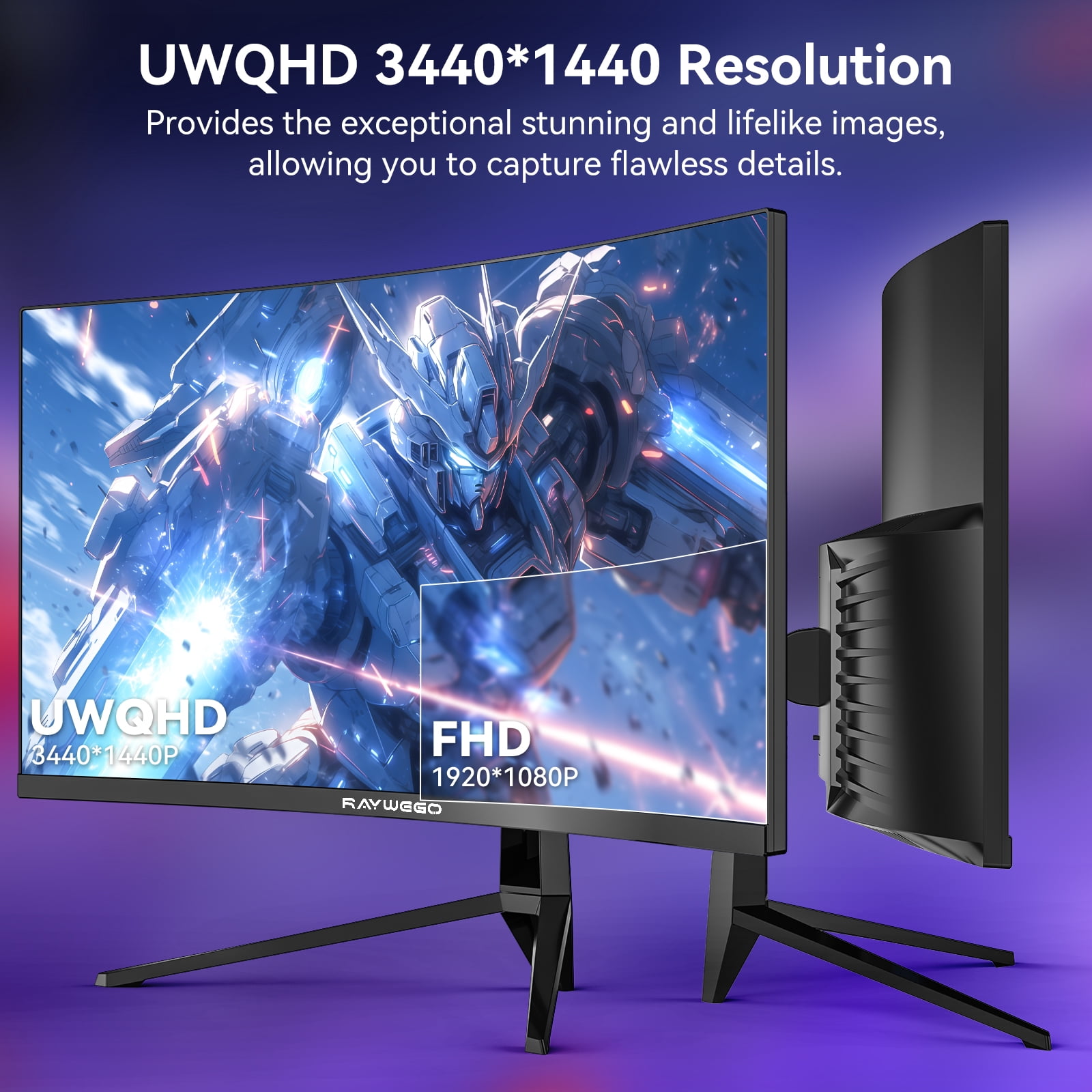 Raywego 34" Ultrawide Curved Gaming Monitor 165Hz, WQHD 3440x1440, 1500R-PIP,BPB Computer Monitor 1ms, SRGB99%, HDMI 2.0 x2, DP 1.4 x2, Black