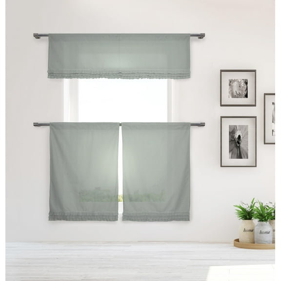 Shabby Chic Gray 3 Piece Window Curtain Set with Gray Pleated Ruffles, One Valance, Two Tiers 36 IN Long, 100% Cotton (Gray)Gray
