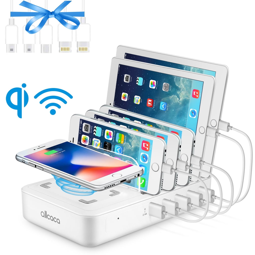 and 10W Qi Wireless Charging Pad for IPhone,Ipad,Samsung ideallife Wireless Charging Station for Multiple Devices 9-in-1 LCD Display Fast Charging Dock Organizer with 8 USB Ports Free 8 Cables White