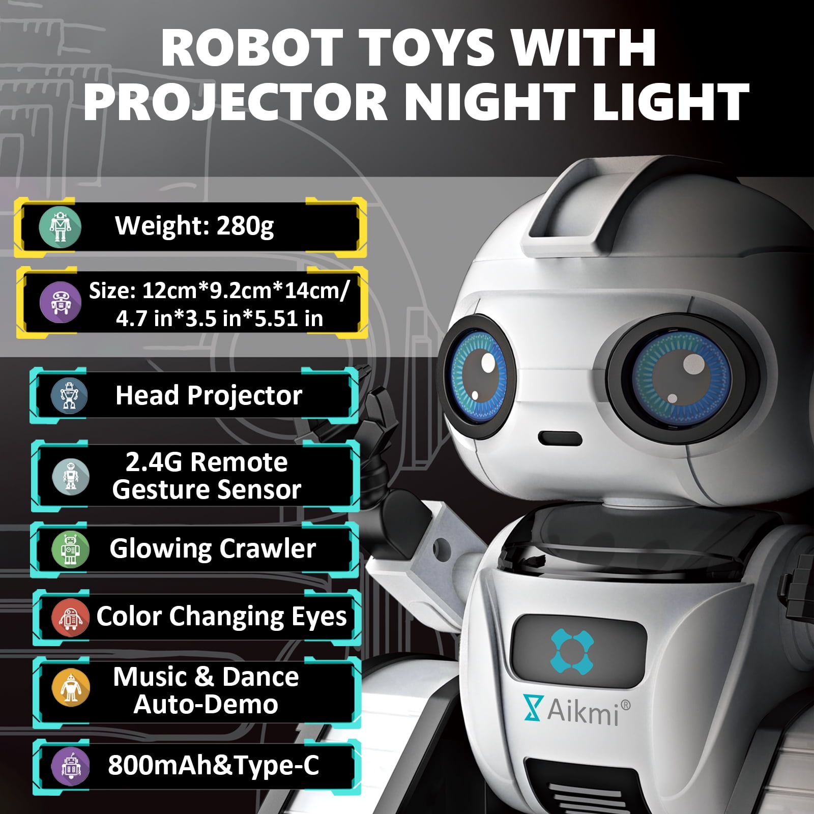 Aikmi Robot Toys for Kids 5-9, Rechargeable Remote Control Robot with Projector Night Light Gesture Sensor Music, Toys for 6 Year Old Boys Girls Birthday Present Gifts Boys Toys