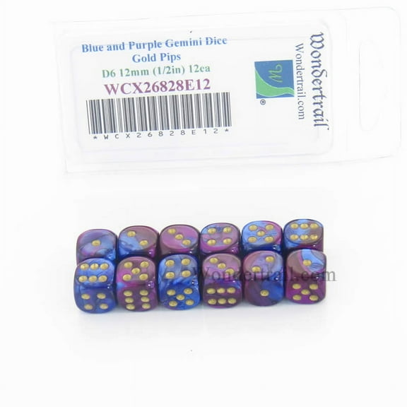 Blue and Purple Gemini Dice with Gold Pips D6 12mm (1/2in) Pack of 12 Wondertrail