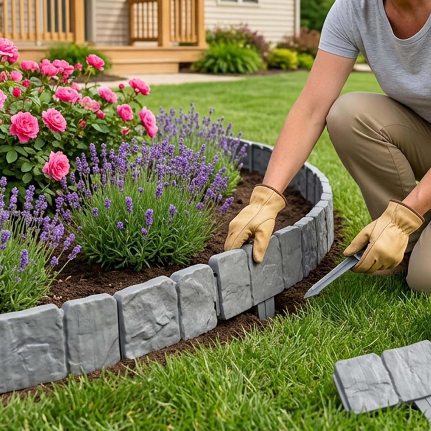 Garden Edging Border, Faux Stone Edging with Easy Installation, 20-Pack Interlocking Plastic Landscape Border for Yard, Flower Bed, and Lawn, Faux Stone Black