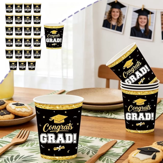 2026 Black Gold Adult Graduation Season Party Tableware - Disposable 7 Inch 9 Inch Paper Plates Paper Cup Tissue Set