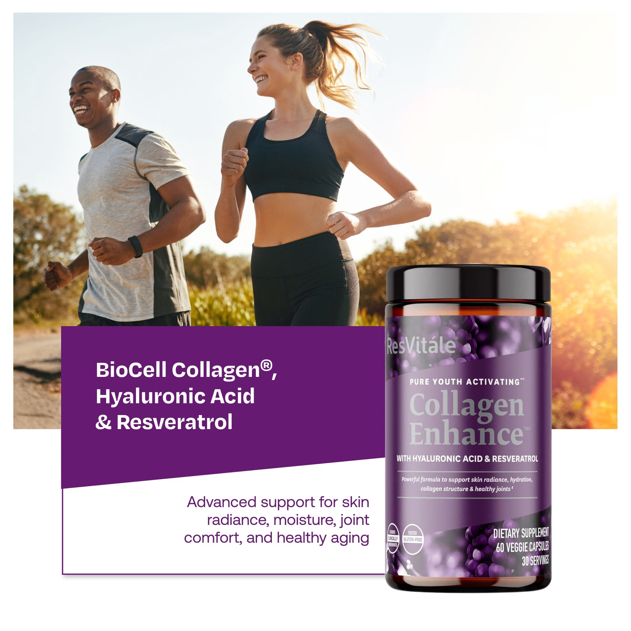 ResVitale Collagen Enhance Anti Aging Skin Care Collagen Supplement - Hydrolyzed Collagen Peptides with Hyaluronic Acid and Resveratrol - Skin Food & Joint Support Collagen Capsules, 1000mg, 60 Caps