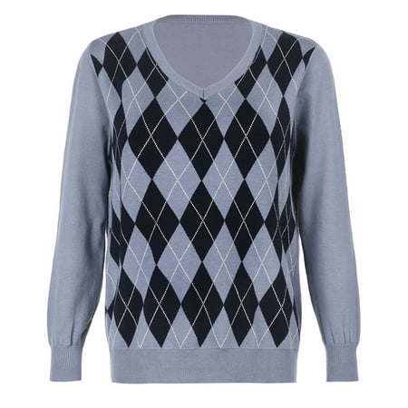 SUNSIOM Women Loose Knitted Pullover, Adults Long Sleeve V-neck Argyle