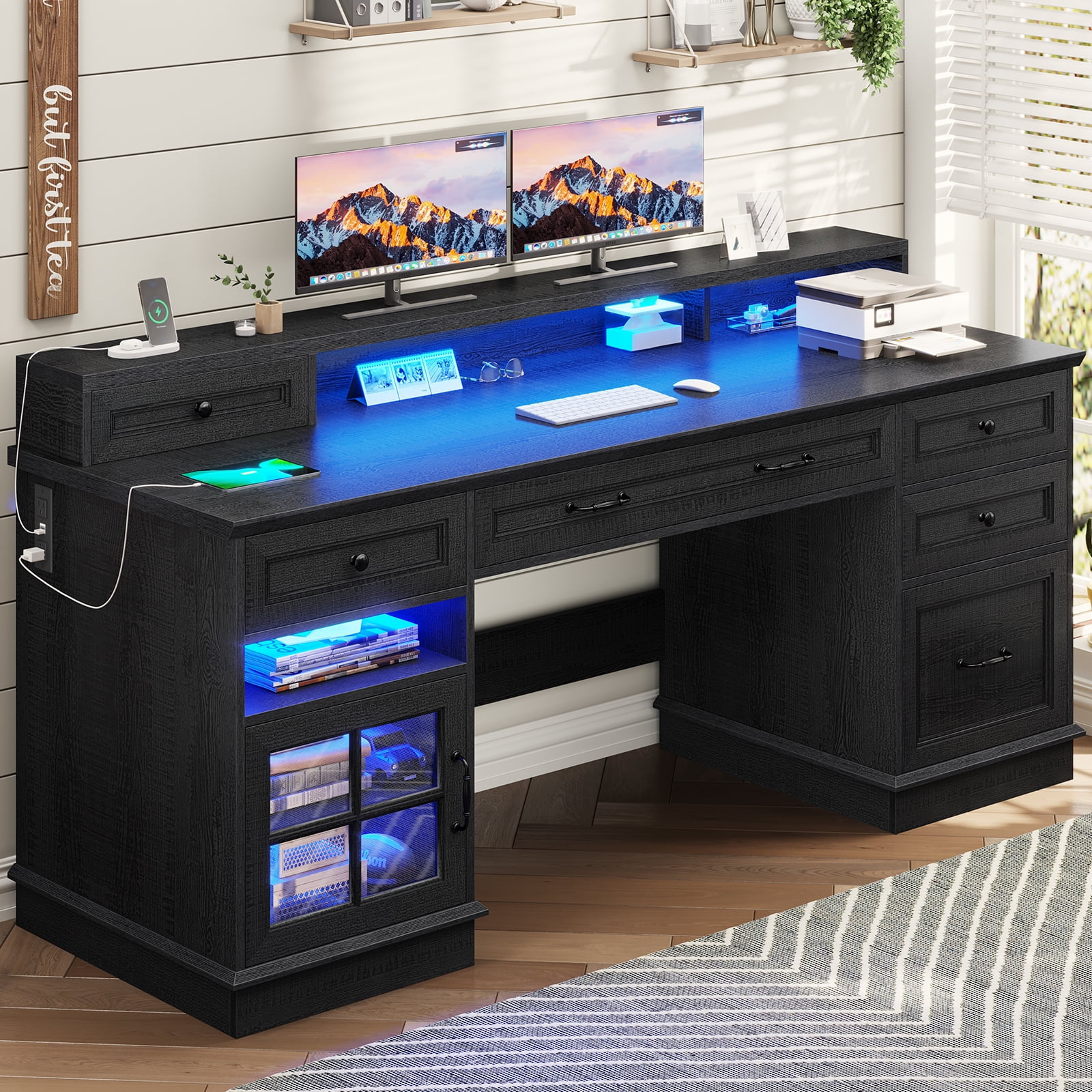 Afuhokles 59" Computer Desk with 5 Drawers and Charging Station, Farmhouse Office Desk for Home Office, Black
