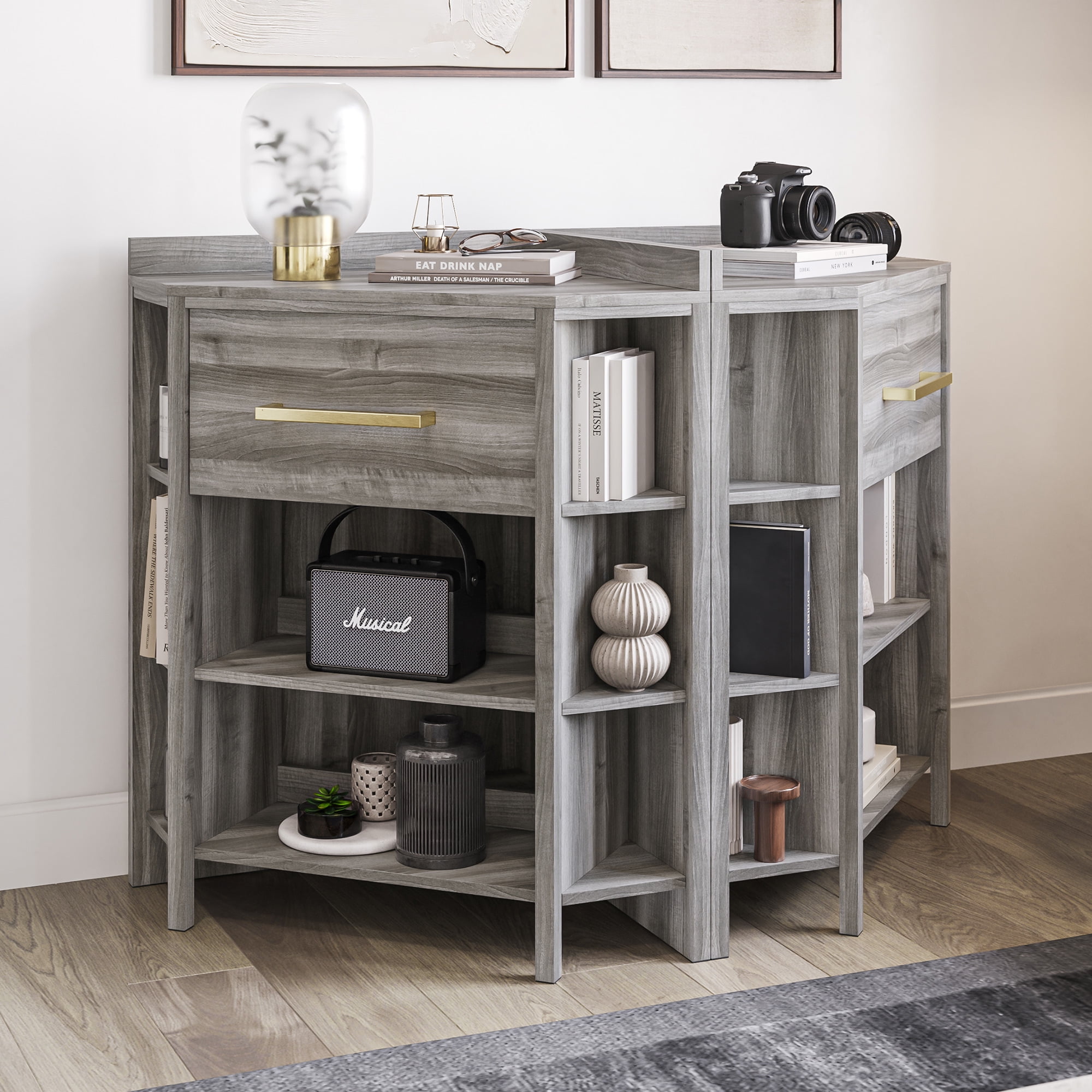 BELLEZE Wooden Corner Cabinet for Living Room, with Power