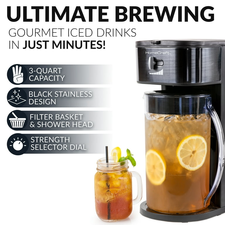 SUNVIVI 3 Quart Iced Tea Maker Iced Coffee Maker with Glass Pitcher for Hot/ Cold Water,Iced Tea Coffee Maker with Strength Selector,Stainless Steel,  Black 