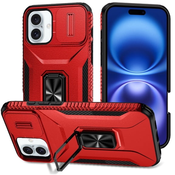 TJS for iPhone 17 Phone Case, Impact Resistant Slide Camera Cover Shockproof TPU PC Lens Protection Metal Ring Magnetic Support Kickstand Cover (Red)