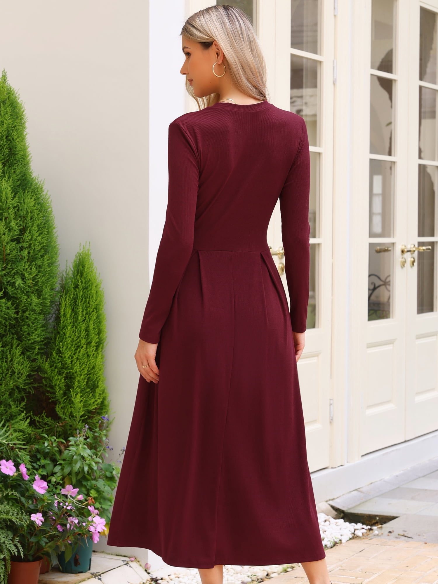 DARING DIVA Women's Long Sleeve Maxi Casual Formal Spring A-Line Dress M Burgundy