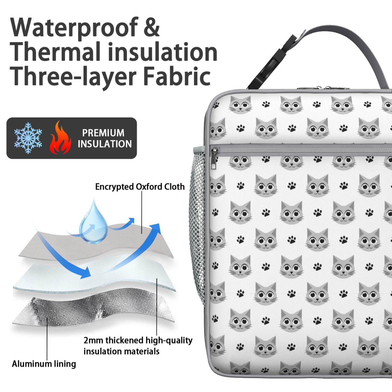 Hand-Drawn Cat Print Lunch Tote, Funny Cat Artwork with Paw and Flower Design, Watercolor Cat Print, Insulated Bento Cooler for Pet Lovers, School, Office