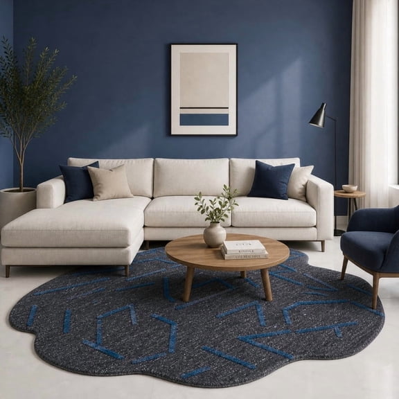 Neu Looms Hand Tufted Wool Silk Area Rug, Geometric Design, Charcoal Grey & Blue, 3x5 Ft
