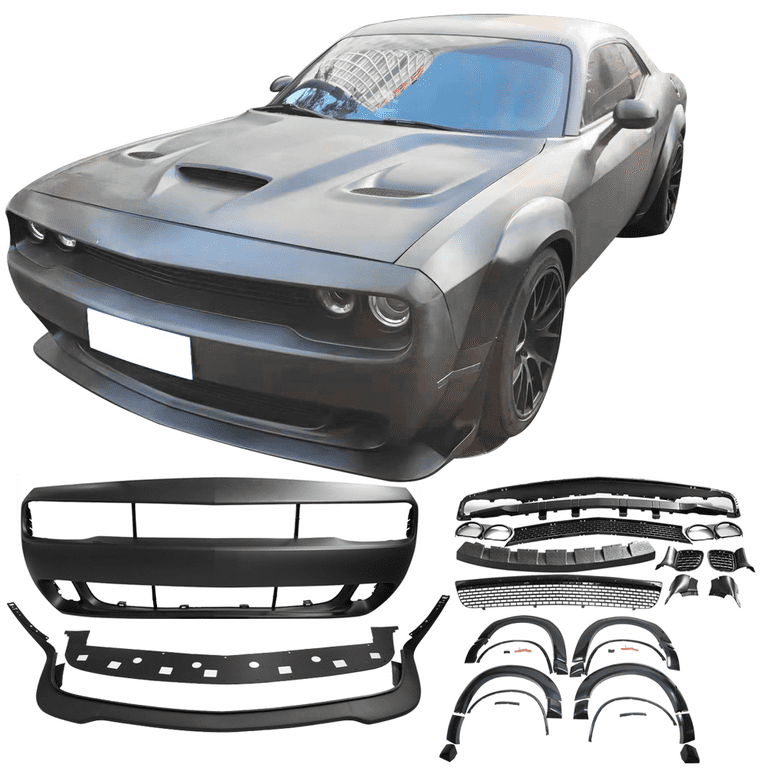 Ikon Motorsports Compatible with 15-23 Dodge Challenger Hellcat Front  Bumper W/ Lip + Demon Fender Flares 