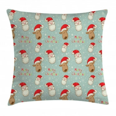 Christmas Throw Pillow Cushion Cover, Santa Claus and His Deer Celebrating Your Holiday Vintage Cartoon on Snowflakes, Decorative Square Accent Pillow Case, 16 X 16 Inches, Multicolor, by Ambesonne