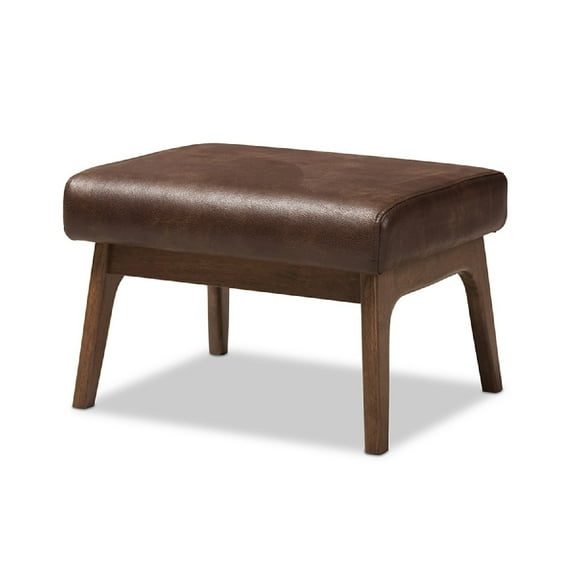 Baxton Studio Bianca Mid-Century Modern Walnut Wood Dark Brown Distressed Faux Leather Ottoman