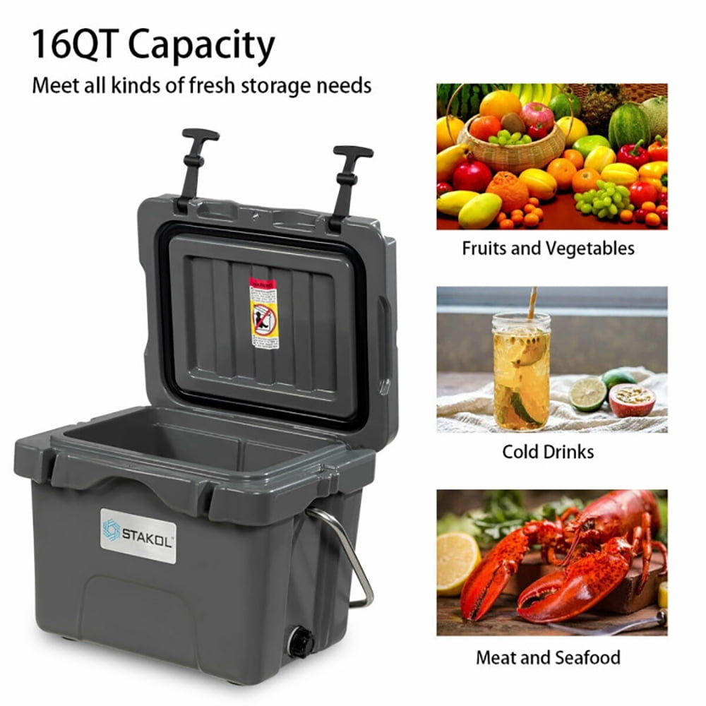GVN 16 Quart 24-Can Capacity Portable Insulated Ice Cooler with 2 Cup Holders-Gray, Portable Freezer for Camping, Truck, RV, Travel, Boat and Home Use
