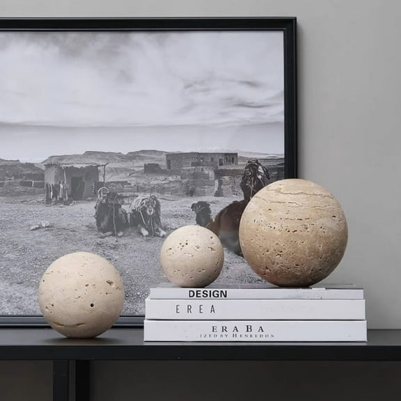 Yellow Travertine Marble Sphere, Hand-Polished Natural Stone Ball Decor, Living Room Accent