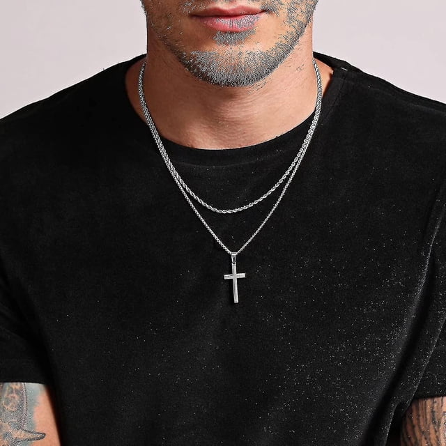 Collar con cruz de plata Cadena de cuerda en capas para hombre