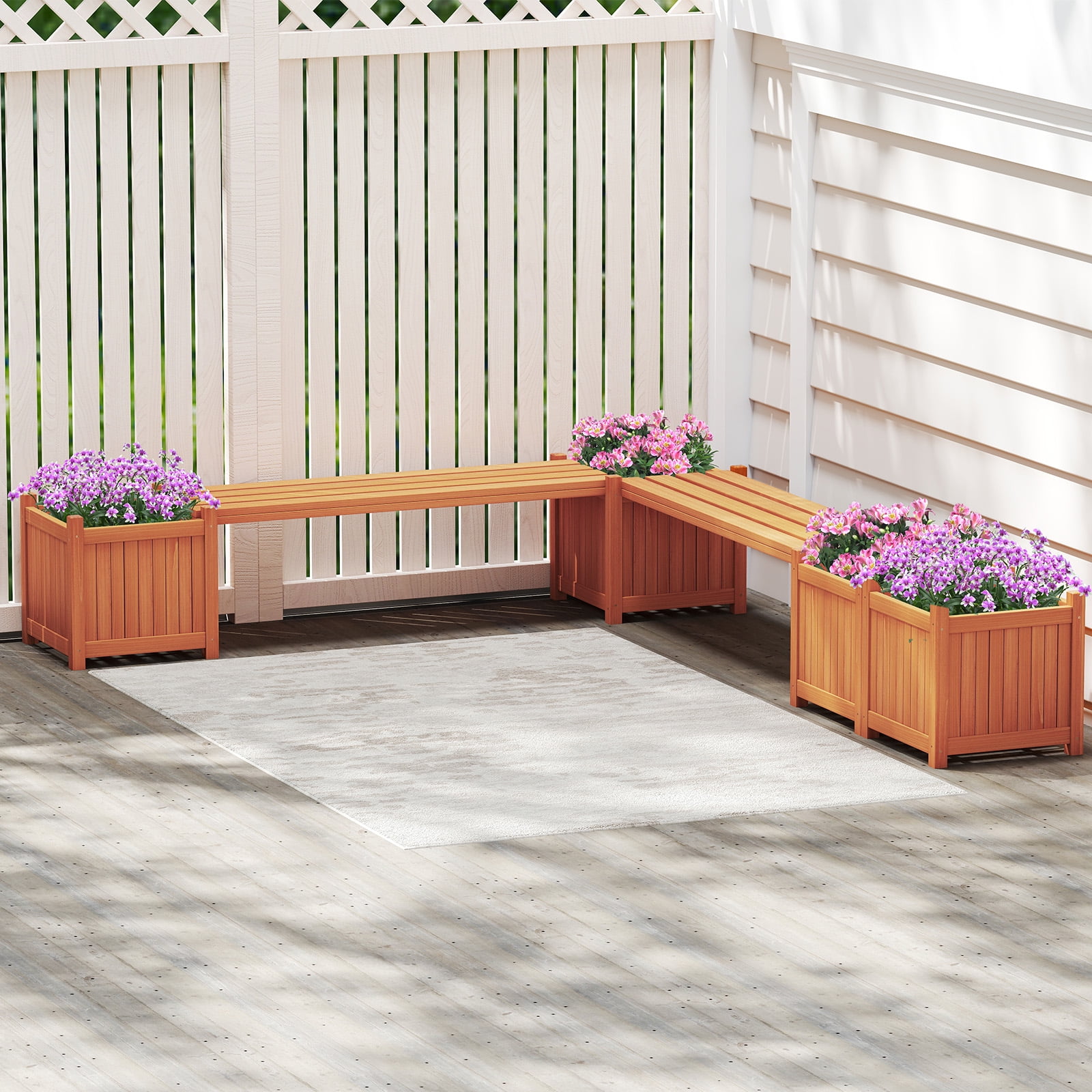 Gymax Wood Outdoor Planter Boxes w/ Detachable Bench 2 Elevated Mini Planters Patio