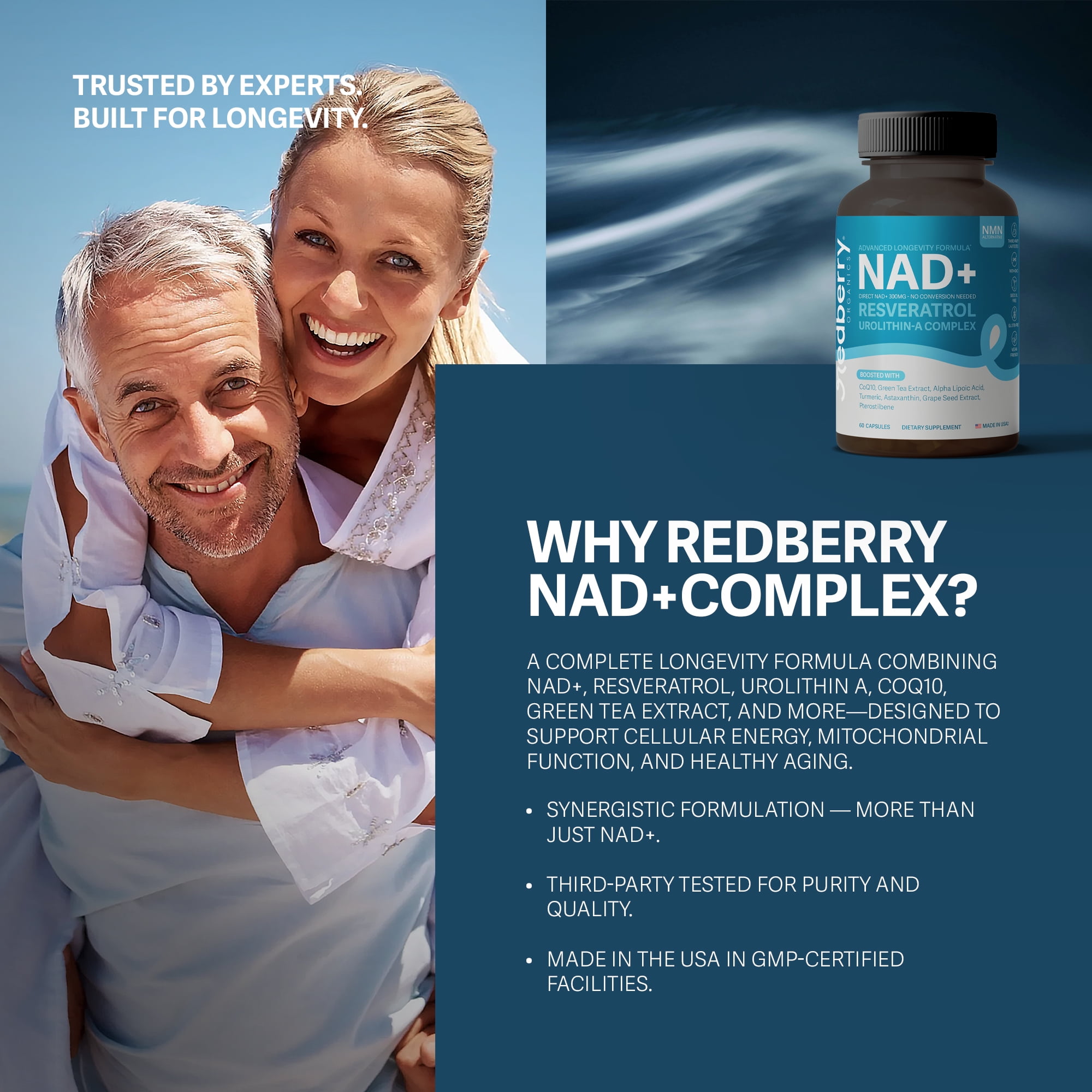 Redberry Organics NAD+ Complex Supplement | Direct NAD Plus | Advanced Longevity & Cellular Energy Formula with Urolithin A & Resveratrol | NMN Alternative | Made in USA