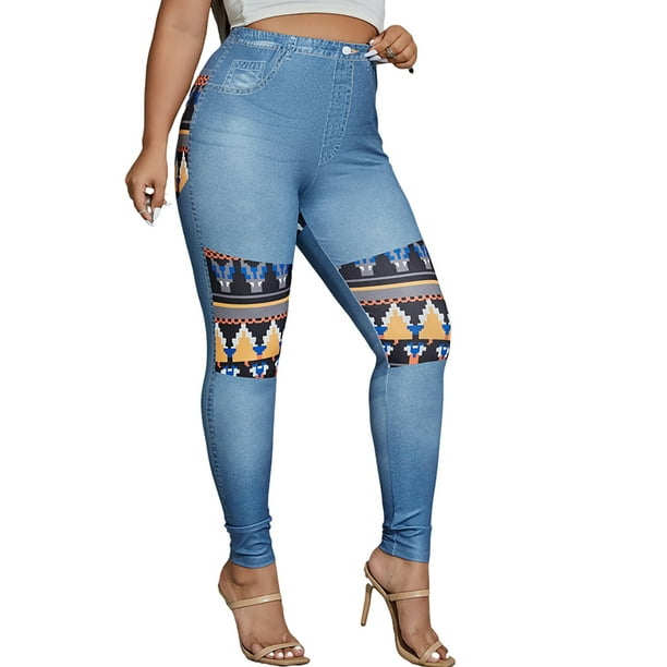 High Waist Women's Denim Print Fake Faux Jeans Leggings Pants 