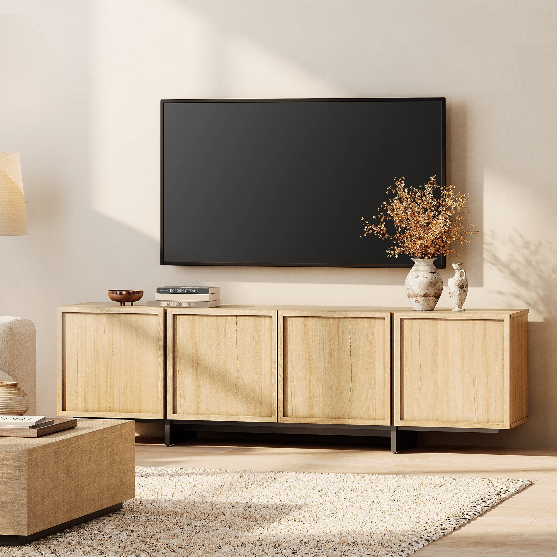 WAMPAT Modern TV Stand - Media Console Table for 32-75 inch TVs, Wood Entertainment Center with Storage Cabinets for Living Room，Oak
