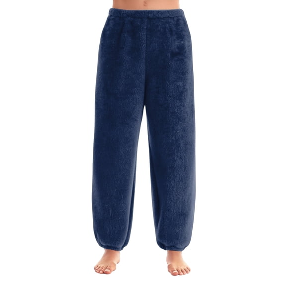 Womens Fuzzy Pajama Pants Plush Wide Leg Lounge Bottoms Elastic Waist Cozy Winter Sleep Pants 2026 Dark Blue 2XL