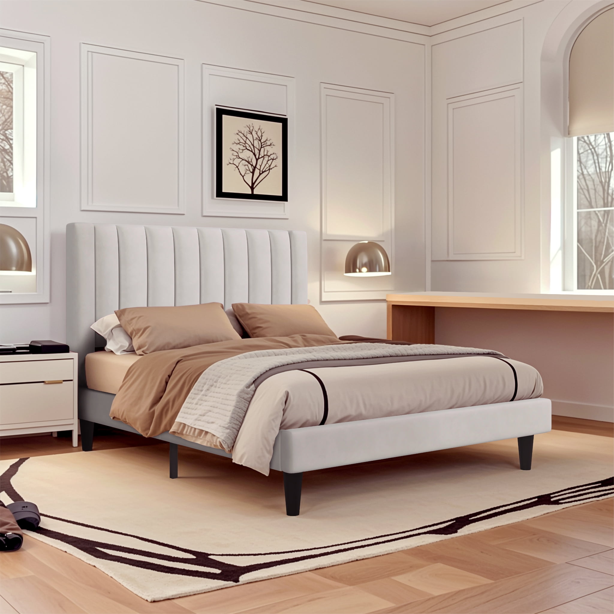 Einfach Queen Size Platform Bed Frame with Upholstered Velvet Vertical Headboard, White