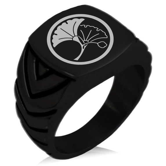 Stainless Steel Yin Yang Ginkgo Leaves Kamon Crest Chevron Pattern Biker Style Polished Ring