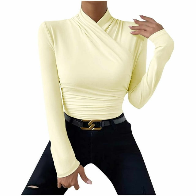 AherBiu Going out Tops for Women Long Sleeve Wrap V Neck Ruched Slim Basic Top Shirts Blouse