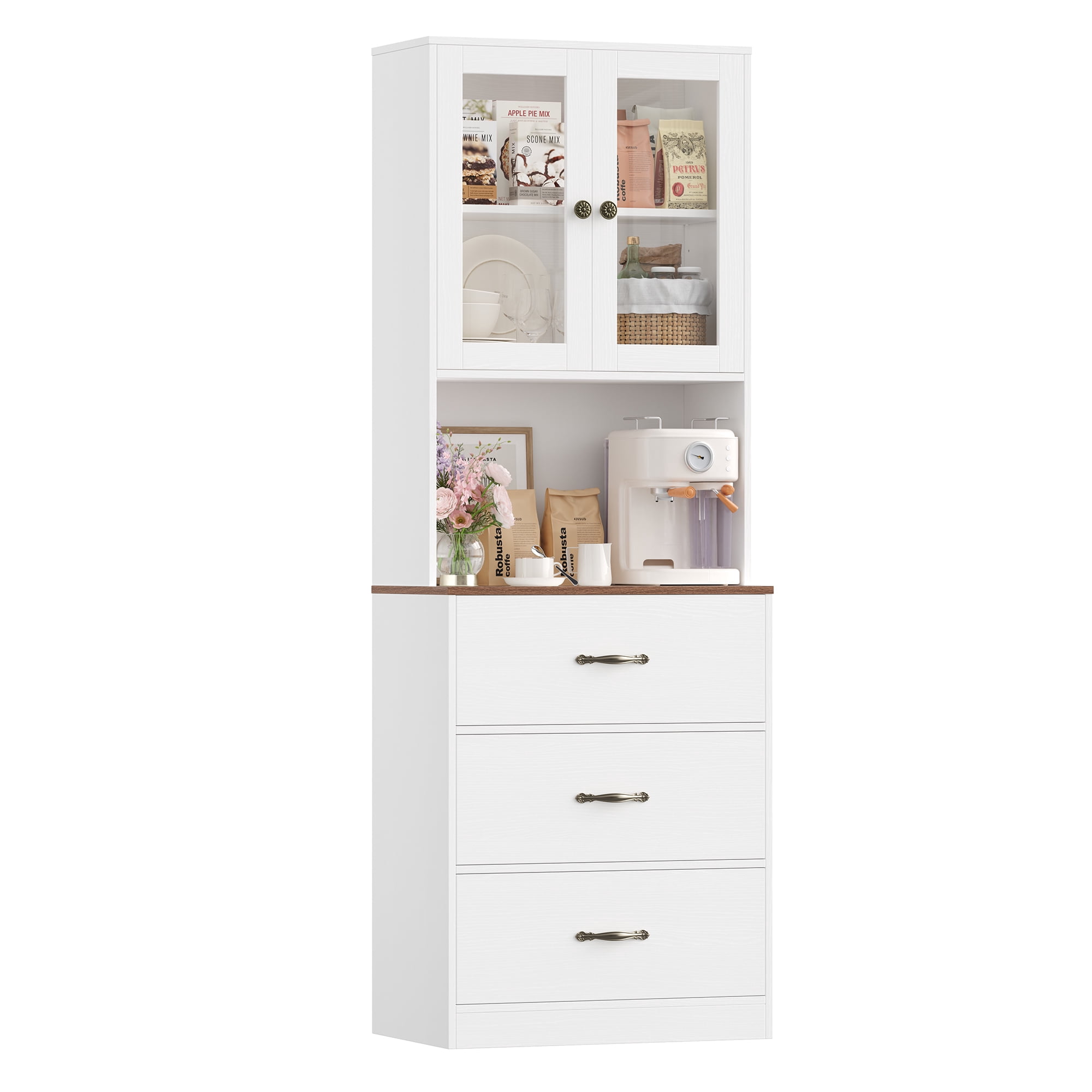 Homfa 71" Tall Kitchen Pantry Cabinet, Freestanding Storage Cupboard with Glass Doors, 3 Drawers & Adjustable Shelves, Modern Coffee Bar Cabinet for Kitchen Dining Room Living Room, White Oak