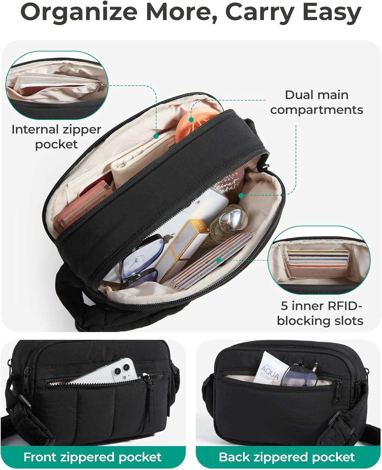 Kwuty Cross Body Purse, Mini Crossbody Bags for Women Travel Purse, Puffy Shoulder Handbag Wallet with RFID Blocking Slots,（Black-Small）
