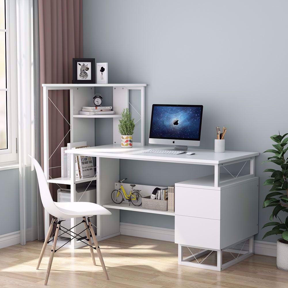 Tribesigns Computer Desk With Drawers 57 Inches Functional Writing Desk With Corner Tower Shelves Works As Home Office Compact Workstation Desk For Small Space White Walmart Com Walmart Com