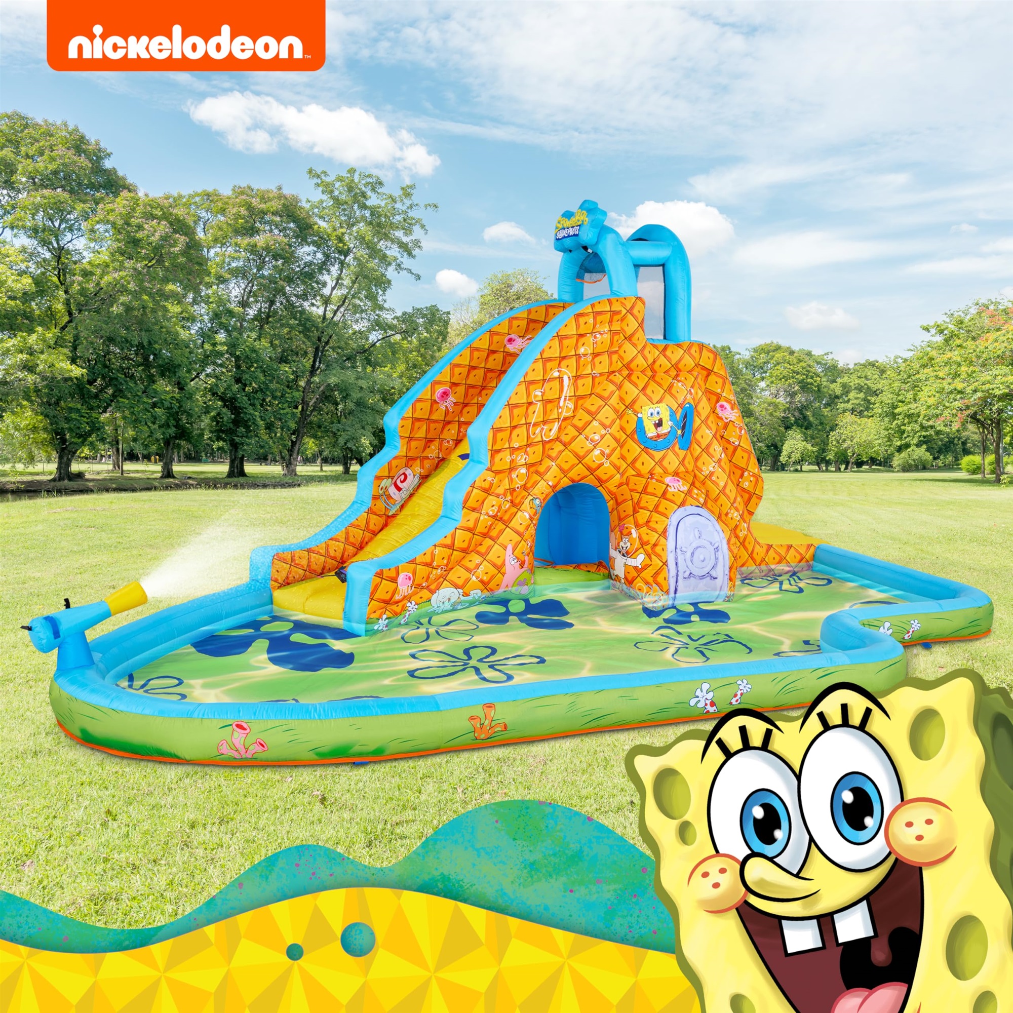 Sunny & Fun Fun SpongeBob Inflatable Waterslide with Climbing Wall, Splash Pool, and Blower