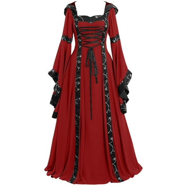 Robe de Bal Princesse Rétro en Dentelle à Manches Évasées pour Femmes, Robes Gothiques, Robe en Dentelle Médiévale Renaissance Victorienne, Robe Maxi, Costume d'Halloween Rouge, TTTG