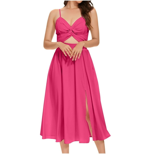 Yuyuzo Robe Maxi pour Femmes à Col en V Profond Sans Manches Longue Robe à Découpes Fendue Plissée Décontractée de Plage pour Fête