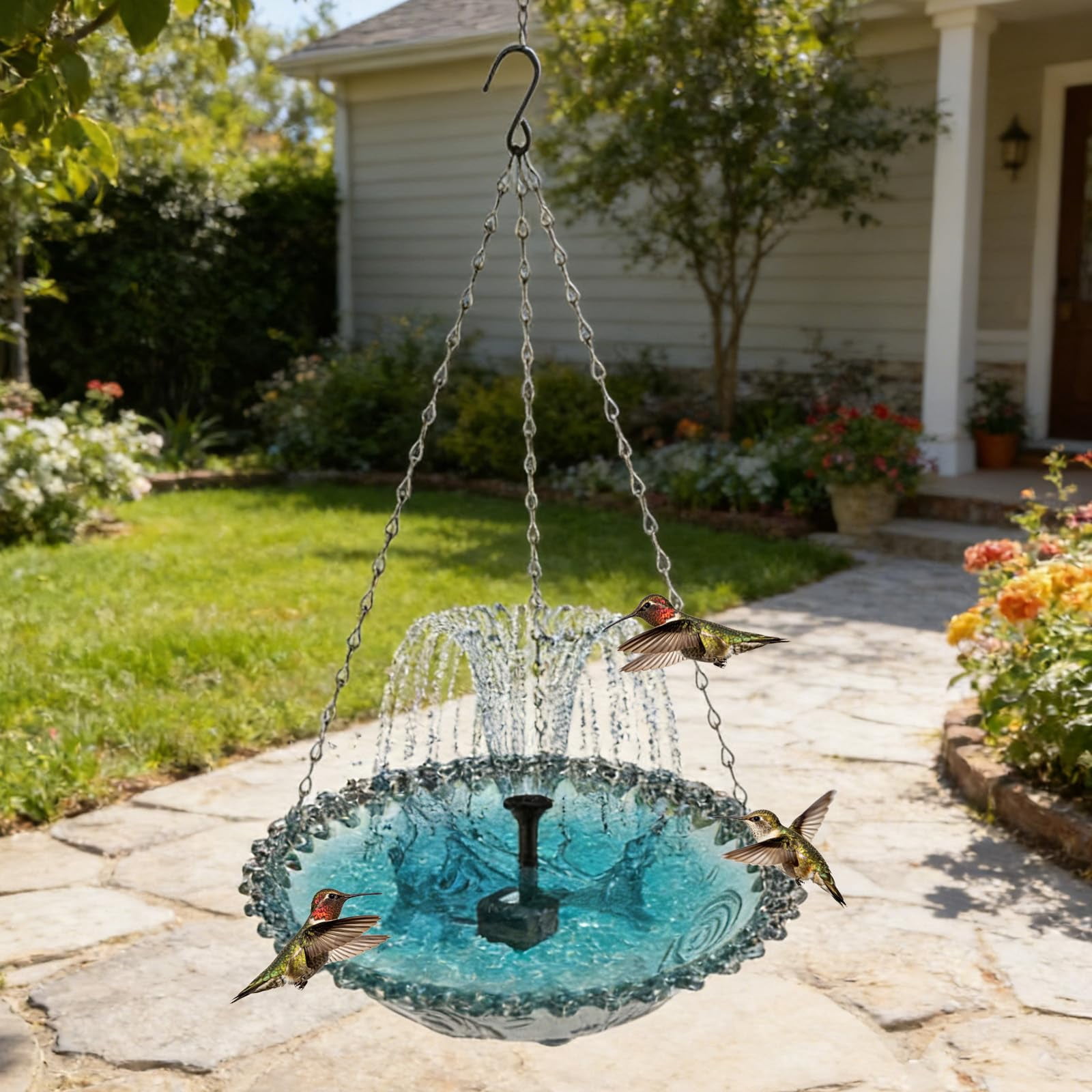 Solar Cascade Hanging Bird Bath Fountain, 2026 New Outdoor Outdoor Hanging Bird Bath with Solars Pump & Glass Bowl, Large Humming Birds Baths Fountains for Garden, Patio, Lawn Decor