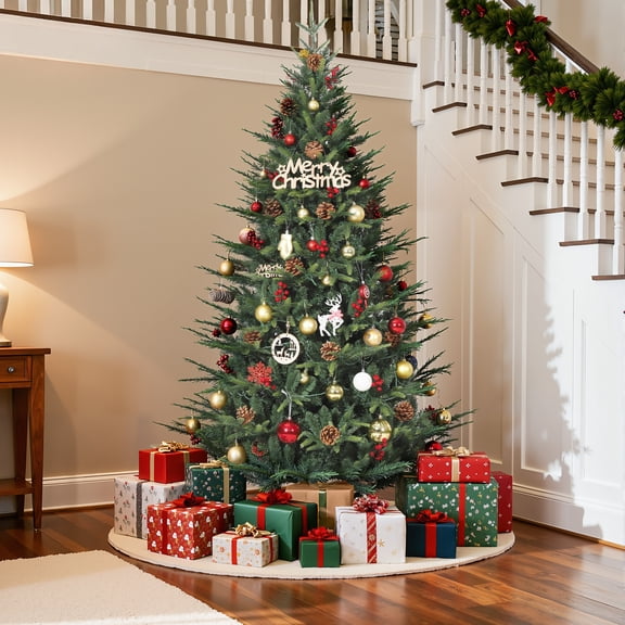 6.5ft Prelit Artificial Christmas Tree with 250 Warm White LEDs & 976 Realistic Branch Tips, PE/PVC Indoor Outdoor Xmas Tree with Metal Stand