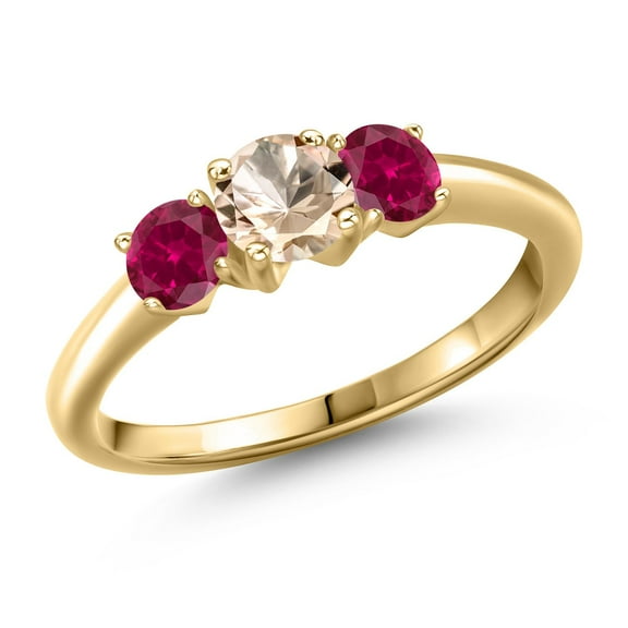 Gem Stone King 10K Yellow Gold Peach Morganite and Red Created Ruby Engagement Ring for Women | 0.90 Cttw | Round 5MM | Gemstone October Birthstone | Size 5