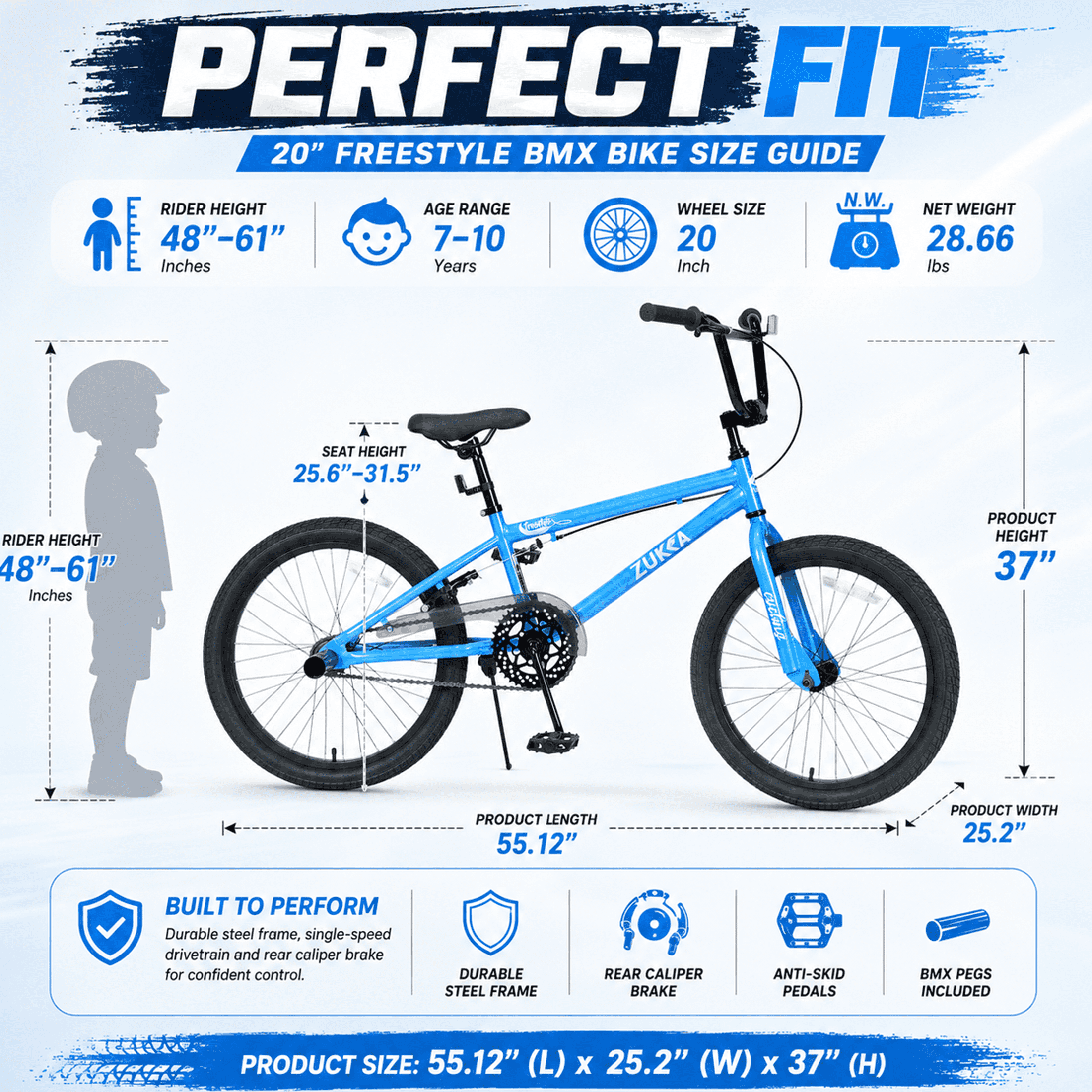 20 Inch Kids Bike Freestyle MTB Single Speed Bicycle for Boys Girls Age 7–10, Steel Frame, Rear Caliper Brake, Adjustable Seat, BMX Pegs, Outdoor Children Bicycle Blue