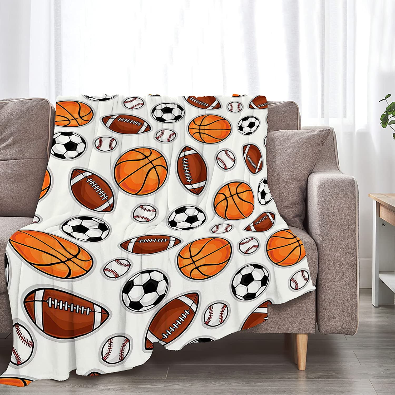 Sports Ball Blanket Basketball Baseball Football Soccer Throw Blanket Warm Cozy Fleece Sports Gifts Blanket for Boys Girls Kids Teens Fans 50"X60"